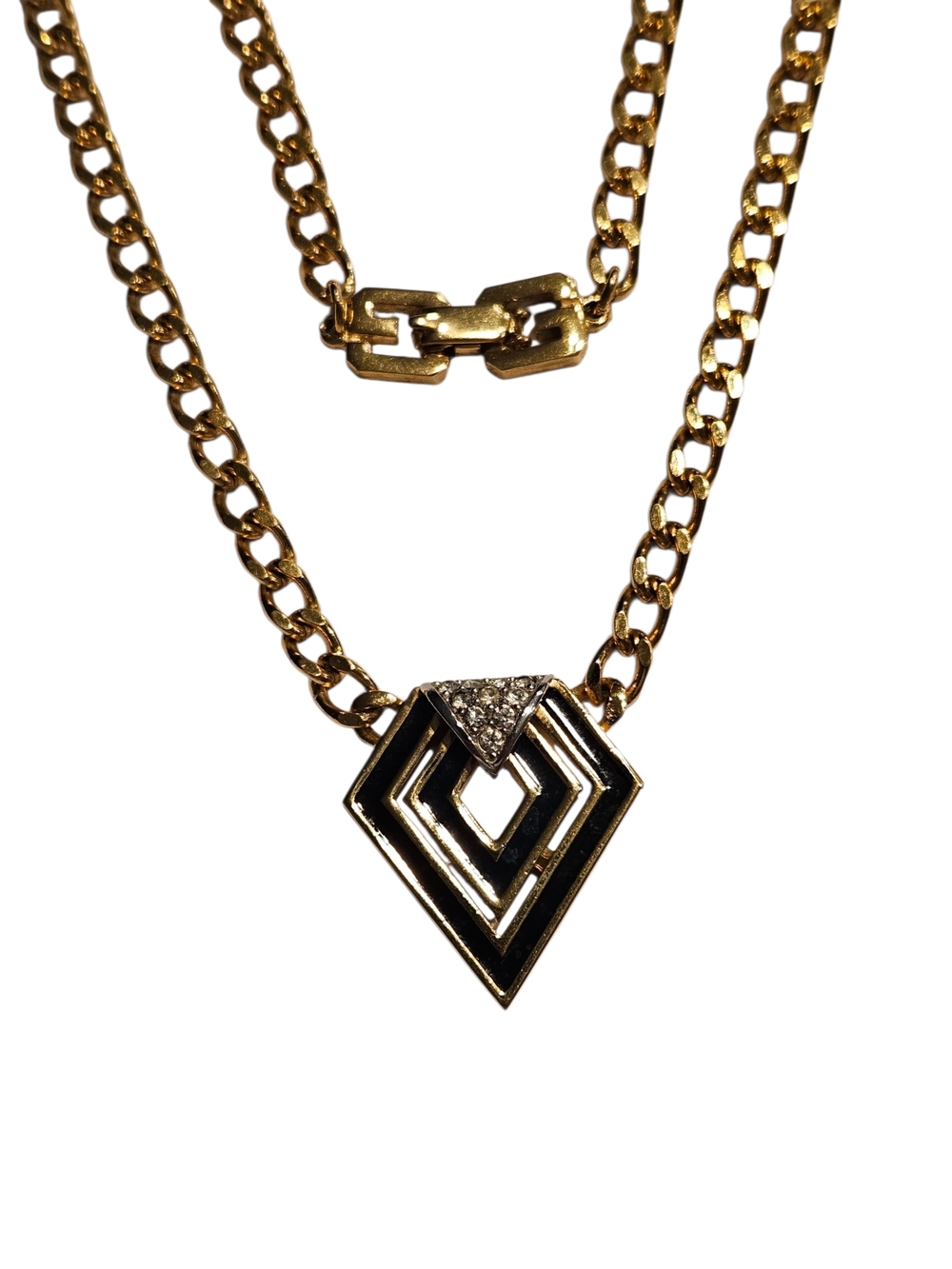 1979 Givenchy Vintage Gold Chain Choker Necklace Black Enamel Crystal Pendant - Picture 14 of 16